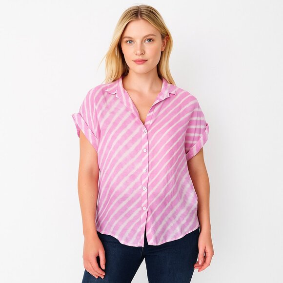 Cassandra Harper Tops - 2/$30 Cassandra Harper Striped Cuffed Button-Down Shirt Cap Sleeve Pink #9982